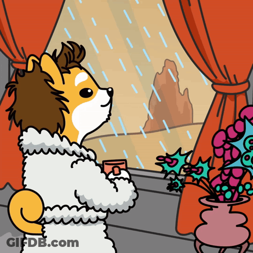 Cartoon Dog Looking Out Window With Coffee GIF