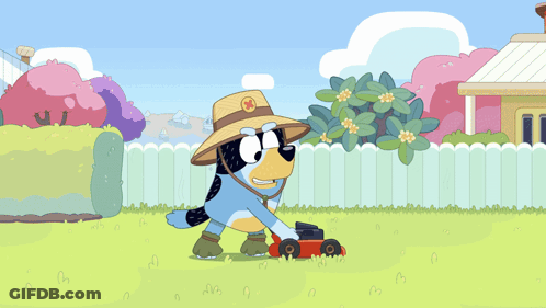 Cartoon Dog Mowing Lawn In Straw Hat GIF