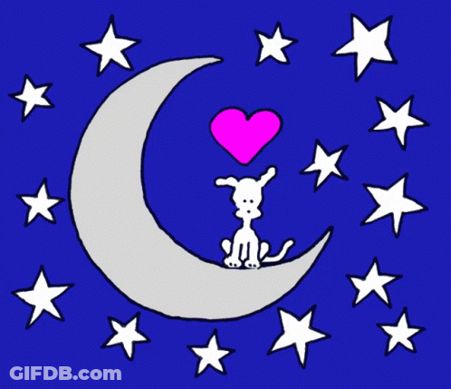 Cartoon Dog On Crescent Moon With Pink Heart In Mouth GIF