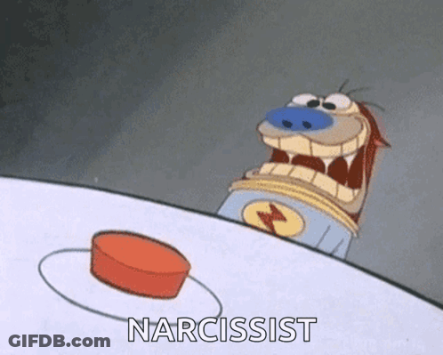 Cartoon Dog Pressing Red Button Saying Narcissist GIF