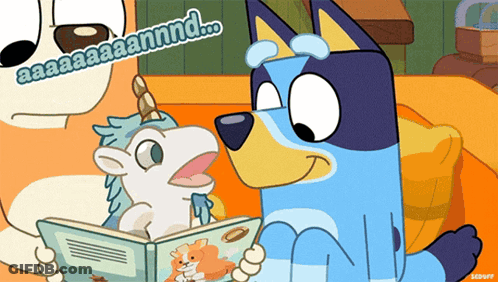 Cartoon Dog Reading Book To White Unicorn GIF