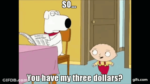 Cartoon Dog Reading Newspaper And Boy Asking If They Have Three Dollars GIF