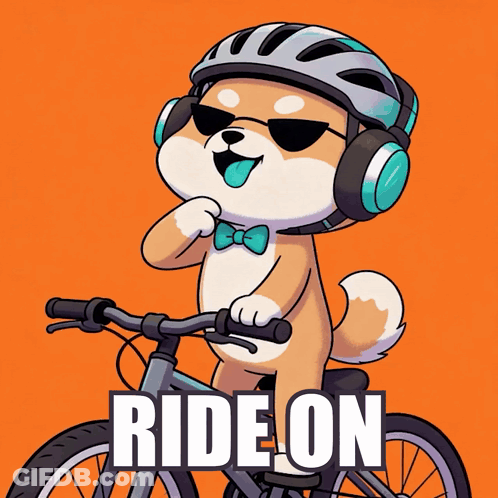 Cartoon Dog Riding Bike With Helmet And Headphones Saying Ride On GIF