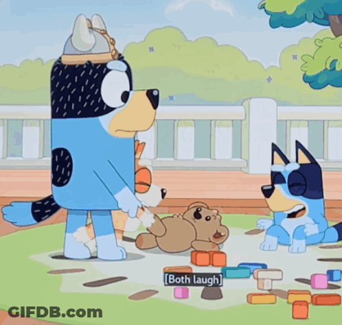 Cartoon Dog Says Both Laugh While Playing With Blocks GIF