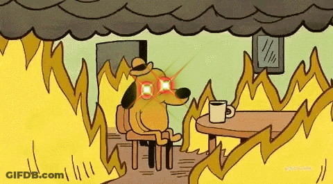 Cartoon Dog Sitting At Table With Coffee In Burning Room GIF