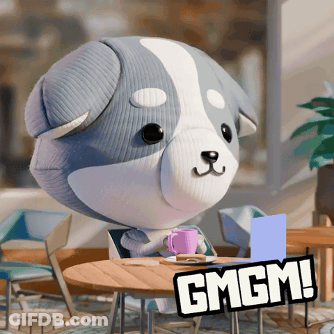 Cartoon Dog Sitting At Table With Laptop And Coffee And GMGM Sign GIF