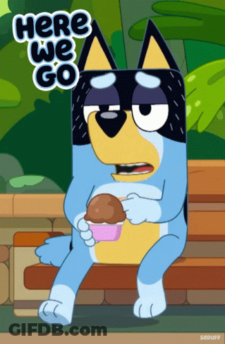 Cartoon Dog Sitting On Bench Holding Ice Cream Saying Here We Go GIF
