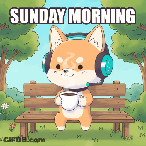 Cartoon Dog Sitting On Bench With Headphones And Coffee GIF