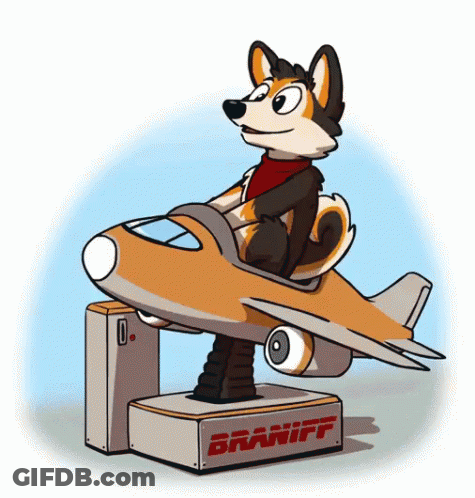 Cartoon Dog Sitting On Braniff Airplane Ride GIF