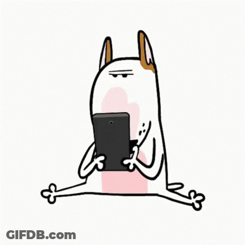 Cartoon Dog Sitting On Floor Looking At Tablet GIF