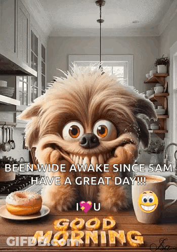 Cartoon Dog Sitting On Kitchen Table With Coffee And Donut GIF