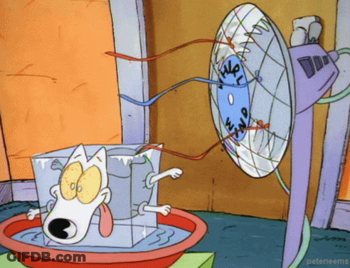 Cartoon Dog Standing In Front Of Fan Saying We GIF
