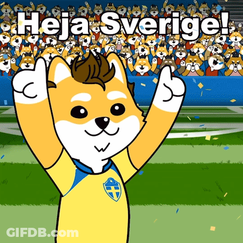 Cartoon Dog Thumbs Up With Crowd Saying Heja Sverige GIF