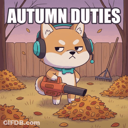 Cartoon Dog Wearing Headphones Blowing Leaves Autumn Duties GIF