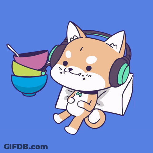 Cartoon Dog Wearing Headphones Holding Bowls GIF