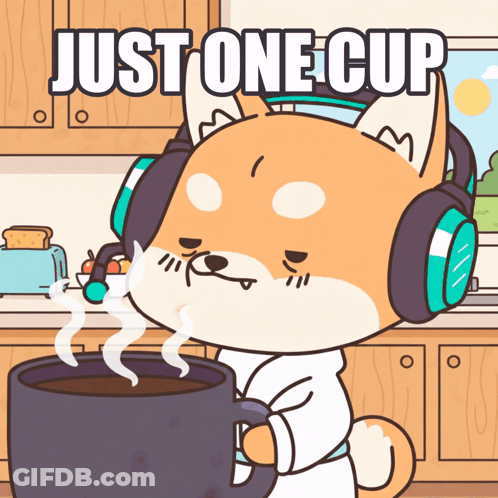 Cartoon Dog Wearing Headphones Holding Coffee Just One Cup GIF