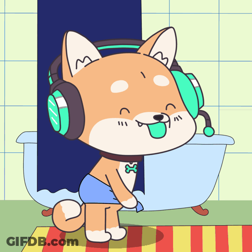 Cartoon Dog Wearing Headphones Next To Bathtub GIF