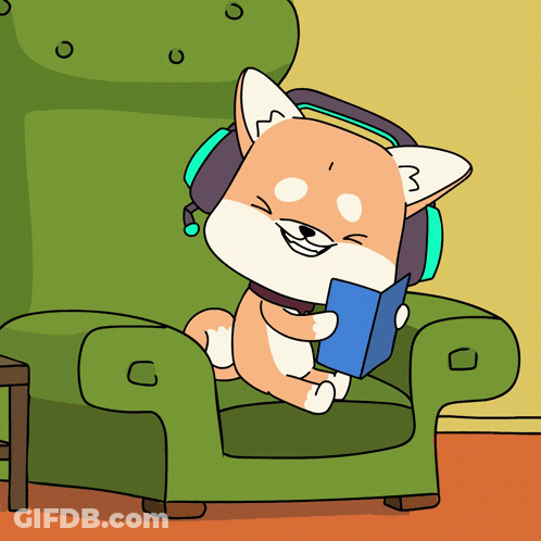 Cartoon Dog Wearing Headphones Reading Book GIF
