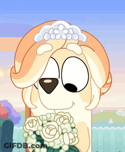 Cartoon Dog Wearing Tiara Holding Flowers GIF