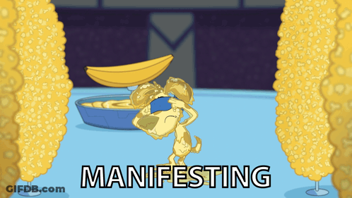 Cartoon Dog With Banana On Head Manifesting GIF