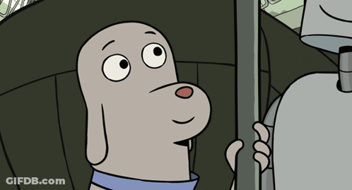 Cartoon Dog With Blue Collar Next To Robot GIF