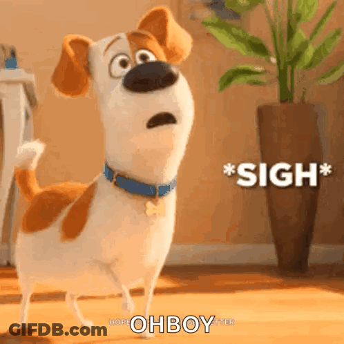 Cartoon Dog With Blue Collar Says Sigh Beside Potted Plant GIF