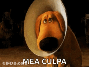 Cartoon Dog With Cone Saying Mea Culpa GIF