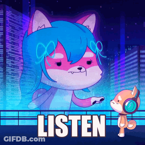 Cartoon Dog With Headphones And Blue-Haired Girl Saying Listen GIF