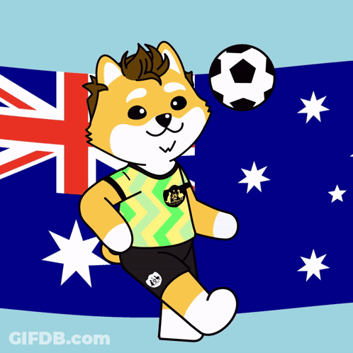Cartoon Dog With Soccer Ball In Front Of British Flag GIF