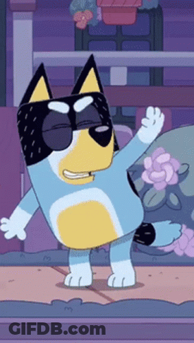 Cartoon Dog With Sunglasses Dancing By Flower Bed GIF
