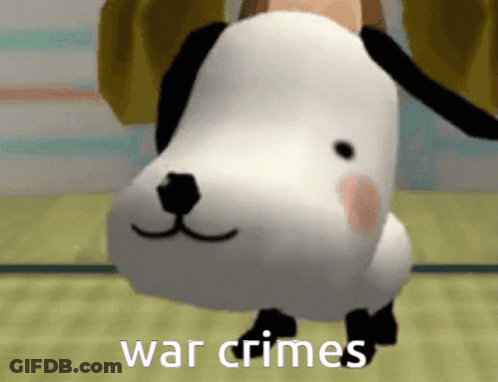 Cartoon Dog With War Crimes Text GIF