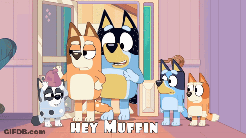 Cartoon Dogs Standing In Front Of Hey Muffin Door GIF