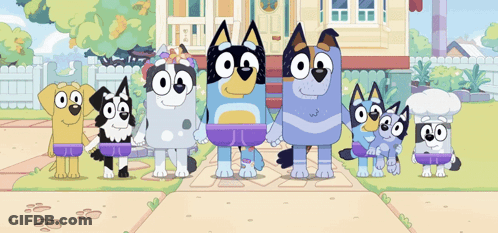 Cartoon Dogs Standing On Sidewalk In Front Of House GIF