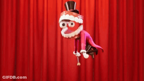 Cartoon Doing Trick On Stage With Red Curtain GIF