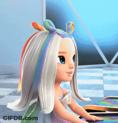 Cartoon Doll With Rainbow Colored Hair GIF