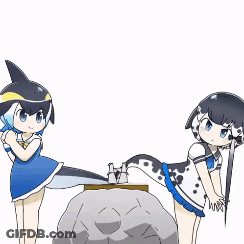 Cartoon Dolphin And Dalmatian Girl Standing Together GIF