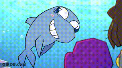 Cartoon Dolphin Swimming Near Purple Chair GIF