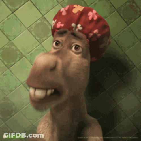 Cartoon Donkey In Red Shower Cap With Flowers GIF