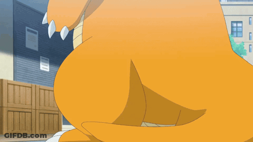 Cartoon Dragon Standing In Front Of Building With Blue Sky GIF