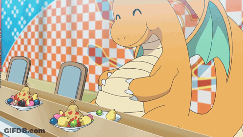 Cartoon Dragon Standing In Front Of Counter With Bowls Of Fruit GIF