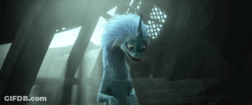 Cartoon Dragon With Blue Mane And Horn In Dark Room GIF