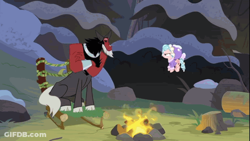 Cartoon Drawing Of Wolf And Pony Standing Next To Campfire GIF