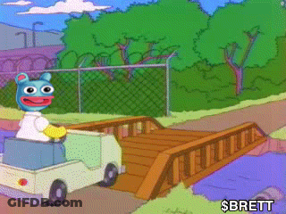 Cartoon Driving Toy Car Over Wooden Bridge With $Brett GIF