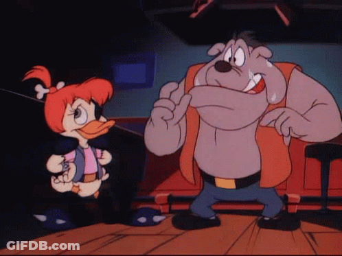 Cartoon Duck And Dog Standing On Wooden Floor GIF