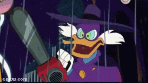 Cartoon Duck Holding Chainsaw In Dark Room GIF