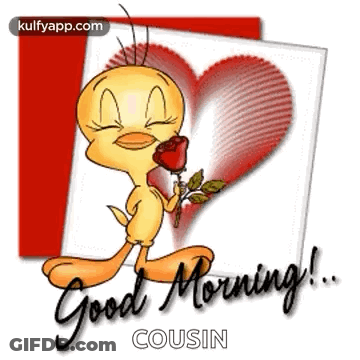 Cartoon Duck Holding Red Rose Saying Good Morning Cousin GIF