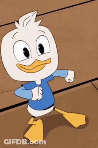 Cartoon Duck In Blue Shirt With Yellow Feet GIF