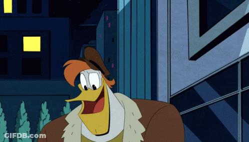 Cartoon Duck In Brown Hat And Fur Coat GIF