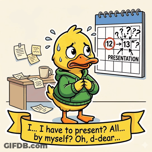 Cartoon Duck In Front Of Calendar Saying Presentation GIF