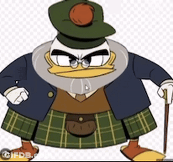 Cartoon Duck In Kilt And Hat Holding Cane GIF